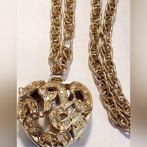 Gold Tone Watch Heart Filigree Pendant Necklace